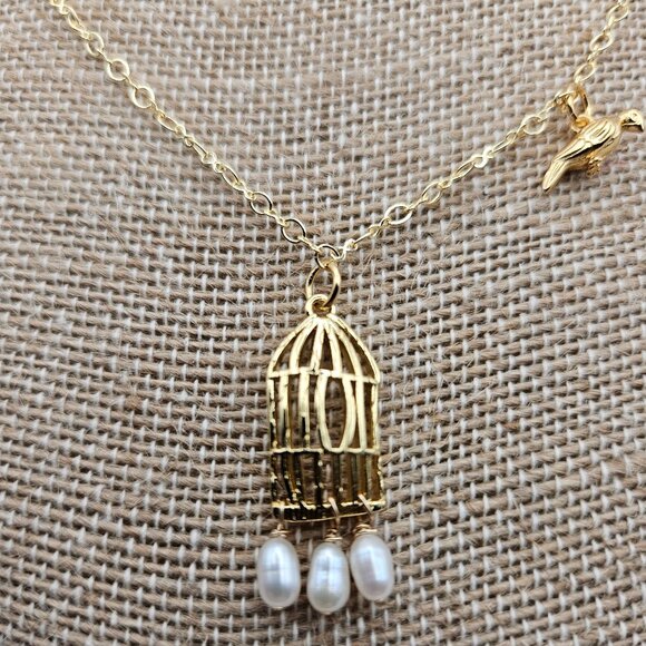 (NWT) 14k GF Caged Bird Flies Free Earring Handmade Vintage - Picture 10 of 13